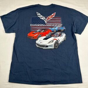 Gildan Corvette C7 Graphic T-Shirt Mens XL Navy Blue American Flag Chevy Racing